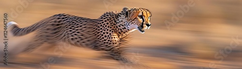 A cheetah mid-sprint, motion blur abstractly blending its spots with the terrain photo