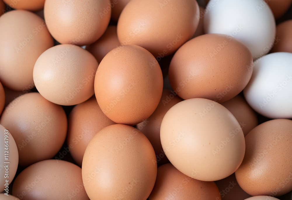 Closeup of various chicken eggs, some brown and some white, in a pile Closeup of various chicken eggs, some brown and some white, in a pile