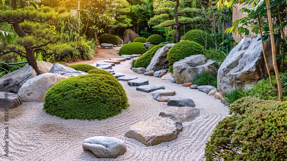 Fototapeta premium Garden with stone walkway in Japanese style Zen garden.