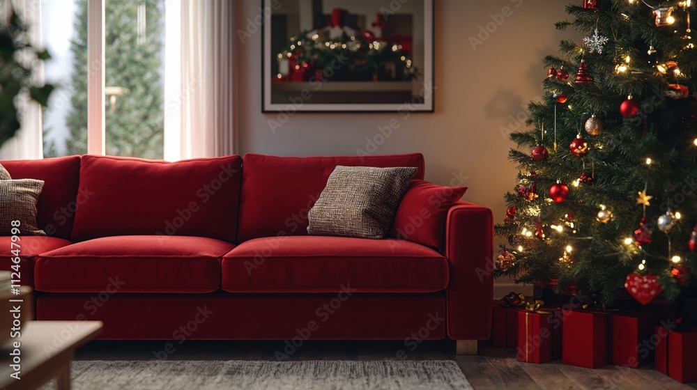 Cozy living room with red velvet sofa and decorated Christmas tree. Festive holiday interior with wrapped presents and warm ambient lighting Cozy living room with red velvet sofa and decorated Christmas tree. Festive holiday interior with wrapped presents and warm ambient lighting