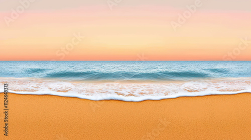 serene beachscape with gentle waves lapping against golden sand, creating tranquil atmosphere at sunset. soft colors of sky reflect on water, enhancing peaceful scene