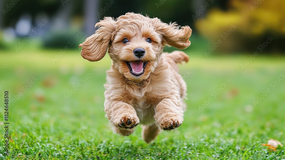 A playful puppy running joyfully across a park, ears flopping in the wind, with a bright smile. A playful puppy running joyfully across a park, ears flopping in the wind, with a bright smile.