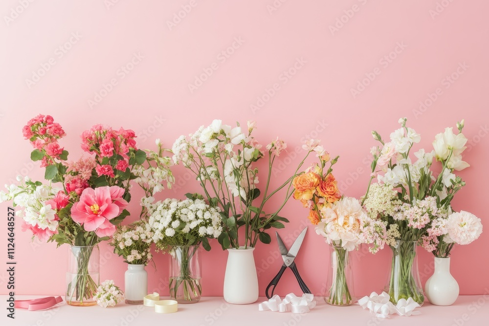 Fototapeta premium Floral arrangement display with various blooms in vases against a soft pink background during daytime