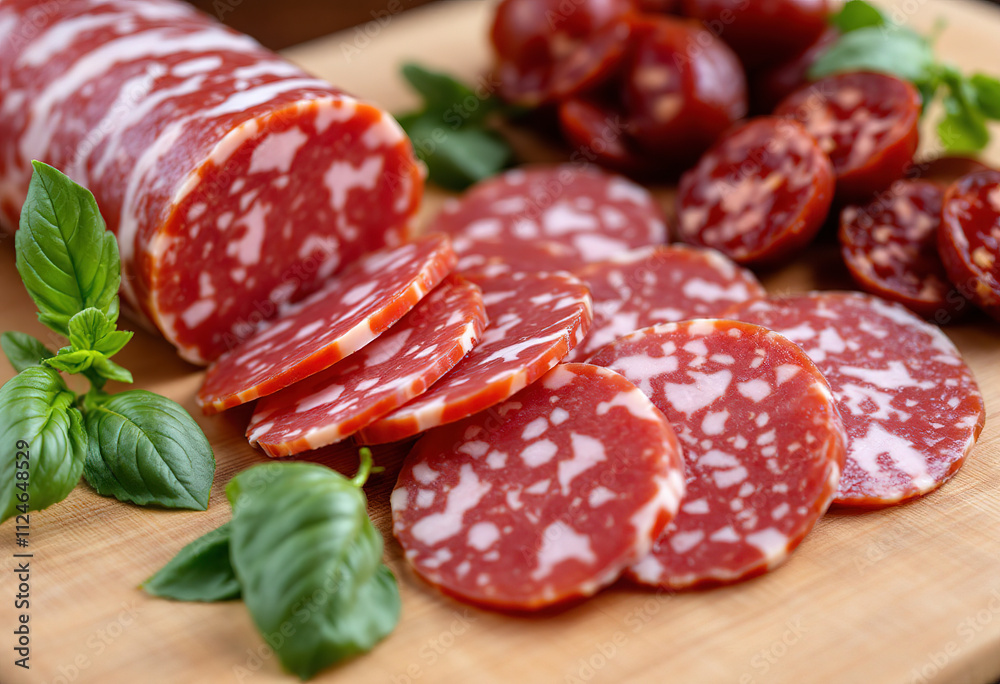 Sliced salami or chorizo sausage on a wooden cutting board, garnished with fresh green basil leaves Sliced salami or chorizo sausage on a wooden cutting board, garnished with fresh green basil leaves