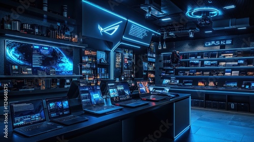 Wallpaper Mural Futuristic gaming setup in dark room with neon blue lighting. Modern laptops display tech interfaces against backdrop of ROG branded gaming environment with cyberpunk aesthetic Torontodigital.ca