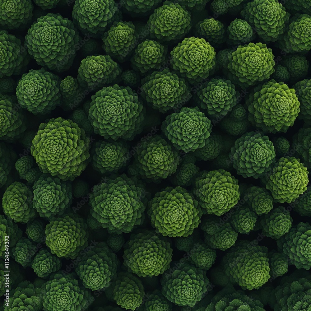 A forest canopy viewed from above, forming a mosaic of overlapping textures A forest canopy viewed from above, forming a mosaic of overlapping textures