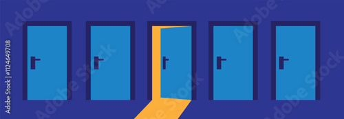 Several Closed Doors and One Open with Light Shining Through. Business opportunity topics and concept vector art