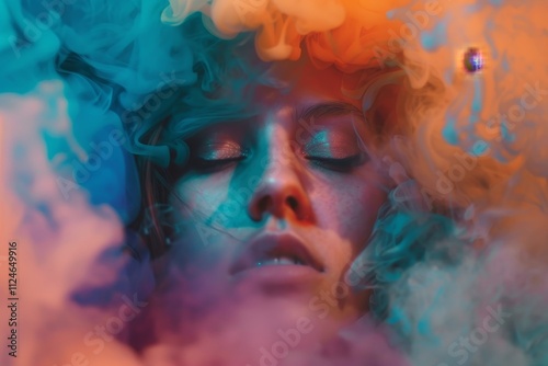 A woman lies with her eyes closed, enveloped in vibrant clouds of colored smoke, creating an ethereal atmosphere that highlights her serene expression and the dreamlike setting.