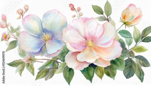 Pastel coquette flowers art illustration watercolor on isolated white background.