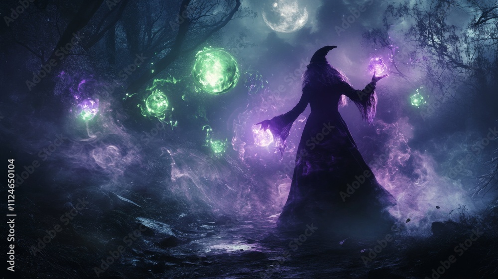 A witch in a purple robe is casting a spell. The scene is set in a dark forest with glowing orbs and smoke A witch in a purple robe is casting a spell. The scene is set in a dark forest with glowing orbs and smoke