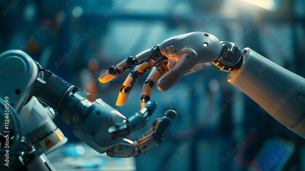 Close-up of a human hand touching a robotic arm against a dark blue background