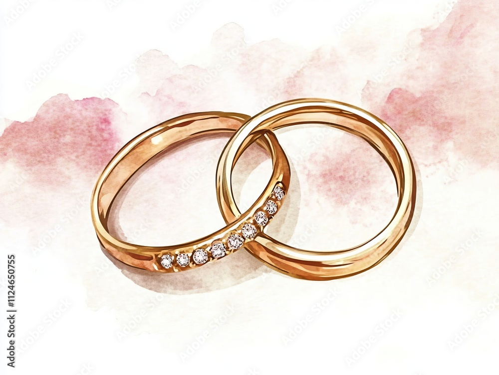 Watercolor Illustration of Intertwined Wedding Rings with Diamonds, A Symbol of Eternal Love and Commitment Watercolor Illustration of Intertwined Wedding Rings with Diamonds, A Symbol of Eternal Love and Commitment
