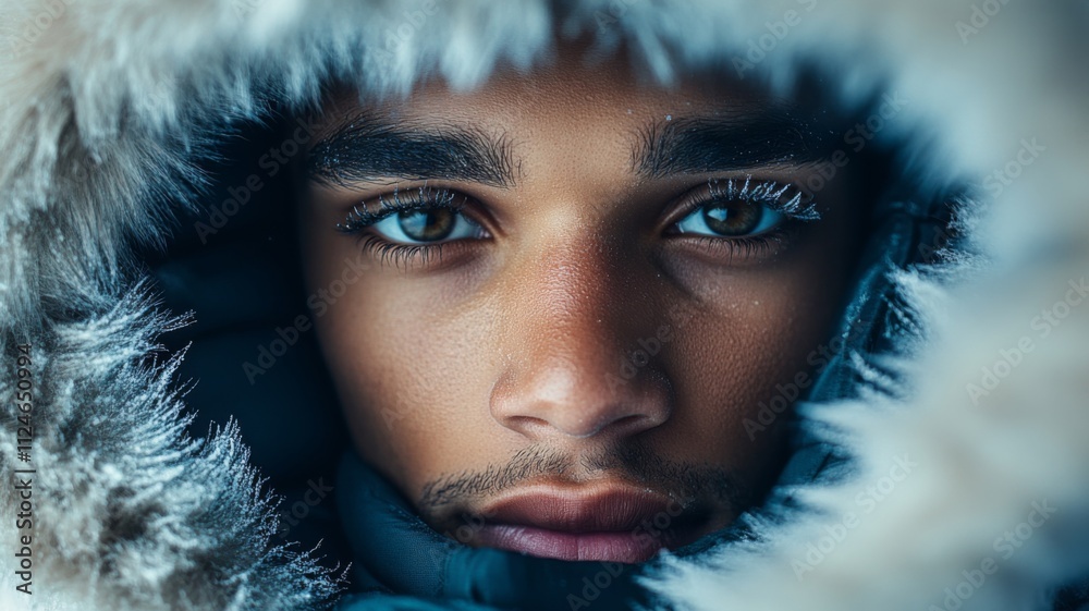 Close-up Portrait of a Man's Face with Frost on Eyelashes and Skin Close-up Portrait of a Man's Face with Frost on Eyelashes and Skin
