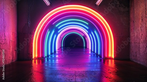 Futuristic neon rainbow tunnel creating immersive light installation. Colorful LED arches reflect on wet floor surface producing dramatic cyberpunk aesthetic with vibrant color spectrum
