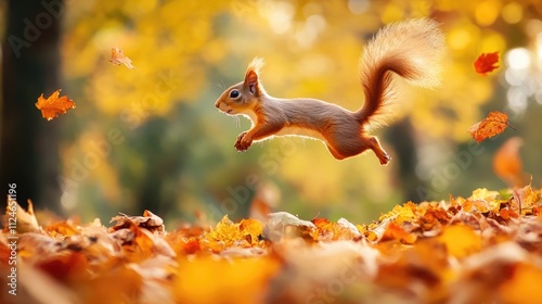 A playful squirrel leaps gracefully amidst vibrant autumn leaves in a serene forest setting, capturing the beauty of nature. photo