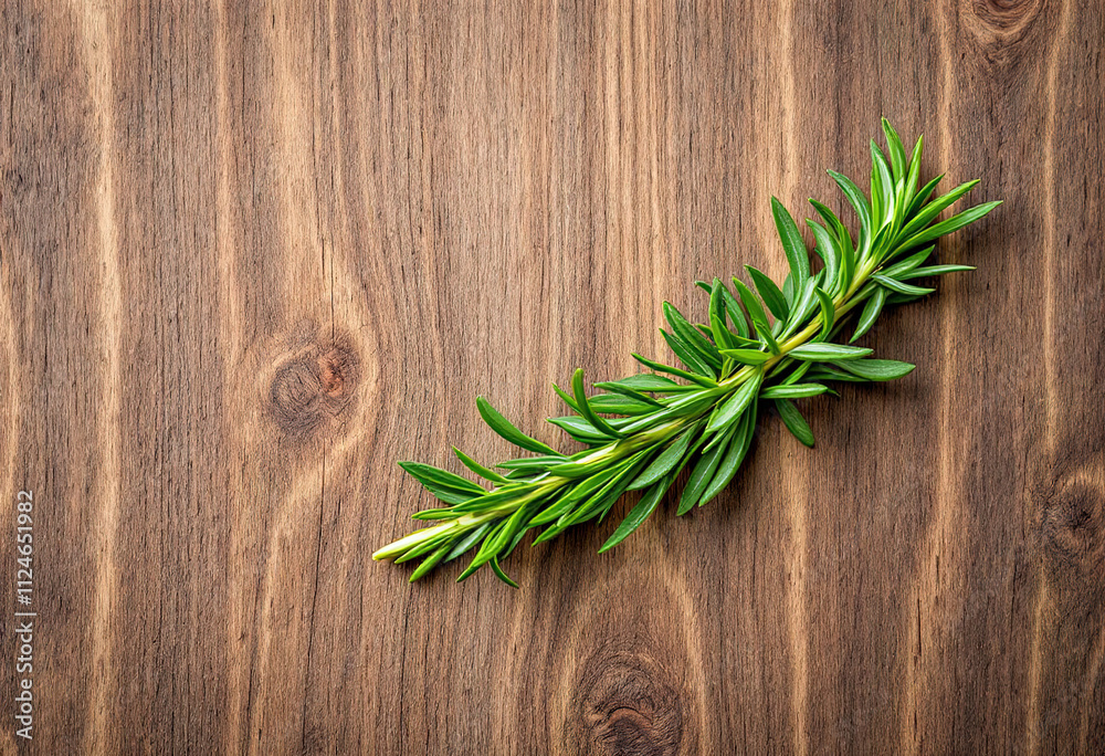 Top view a green fresh rosemary branch on the wood background