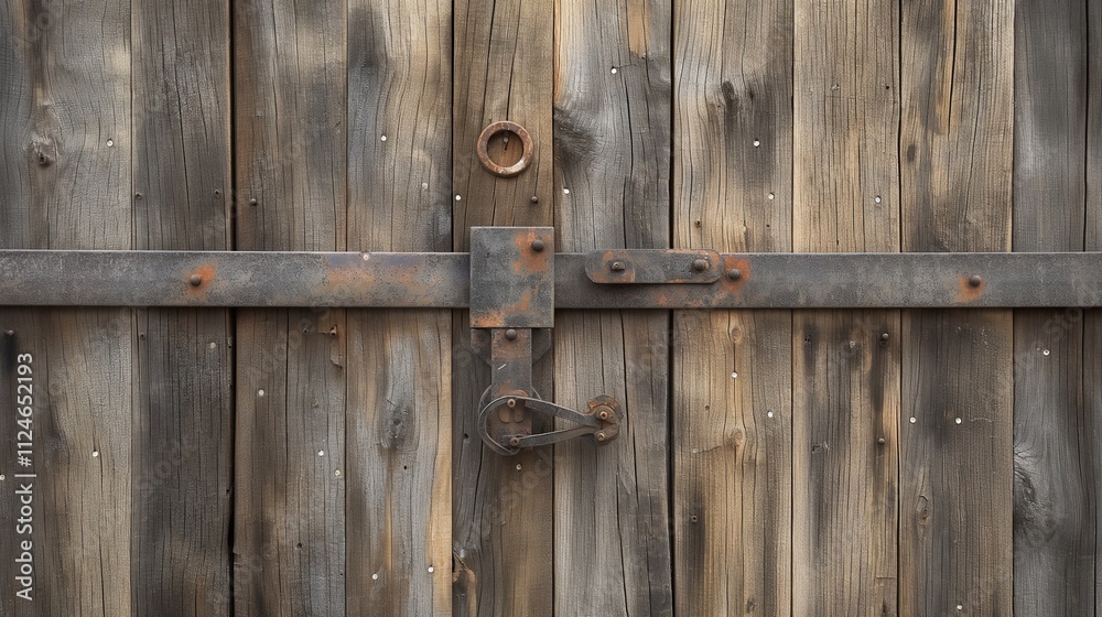A rustic barn door made of weathered wood, complete with iron hinges and a sliding mechanism. A rustic barn door made of weathered wood, complete with iron hinges and a sliding mechanism.