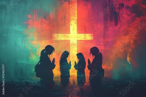 Vibrant Silhouettes of Women in Prayer with Luminous Cross in Surreal Abstract Expressionism photo