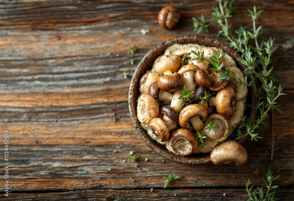 Top view a pickled champignon with thyme on the wood background Top view a pickled champignon with thyme on the wood background