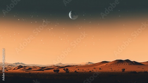 Alien planet desert landscape at night with crescent moon and stars. photo