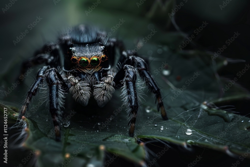 A spider perches on a damp green leaf, its intricate body covered in fine hairs and vibrant eyes glistening in the soft light, highlighting its natural beauty. A spider perches on a damp green leaf, its intricate body covered in fine hairs and vibrant eyes glistening in the soft light, highlighting its natural beauty.