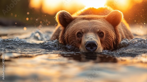 A bear swims toward the viewer through shimmering waters at sunset, with its eyes peeking over the surface, reflecting wildness and undiminished curiosity. photo