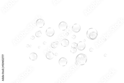Soap bubbles on transparent background. Natural water bubbles isolated on white. Summer product design element, PNG. Vector illustration	
