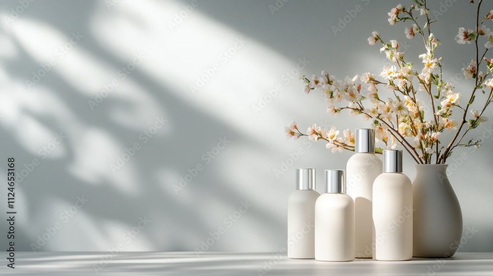 A serene still life of minimalist cream bottles positioned artistically beside a vase filled with cherry blossom branches. Soft shadows enhance the tranquil effect. A serene still life of minimalist cream bottles positioned artistically beside a vase filled with cherry blossom branches. Soft shadows enhance the tranquil effect.