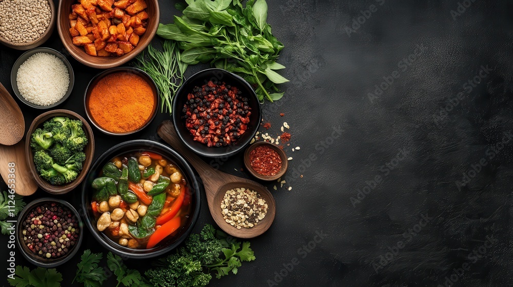 A vibrant array of fresh vegetables and assorted spices arranged stylishly on a dark background, highlighting rich colors and culinary inspiration. A vibrant array of fresh vegetables and assorted spices arranged stylishly on a dark background, highlighting rich colors and culinary inspiration.