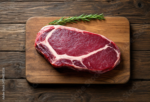 Top view a raw venison on wooden board and wooden background