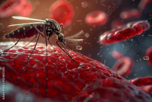 A mosquito extracts blood, showcasing its detailed anatomy against a backdrop of vibrant red blood cells, illustrating the interaction between insect and host. photo