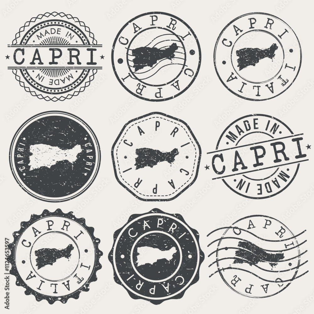 Obraz premium Capri, Italy Set of Stamps. Country Travel Marks. Made In Product. Design Seals Old Style Insignia.
