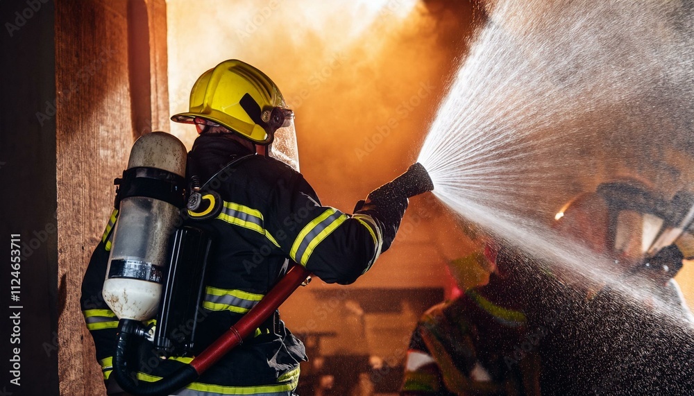 Obraz premium Firefighter battling flames: A courageous firefighter in full gear tackles a raging inferno, his water hose a beacon of hope in the face of danger.