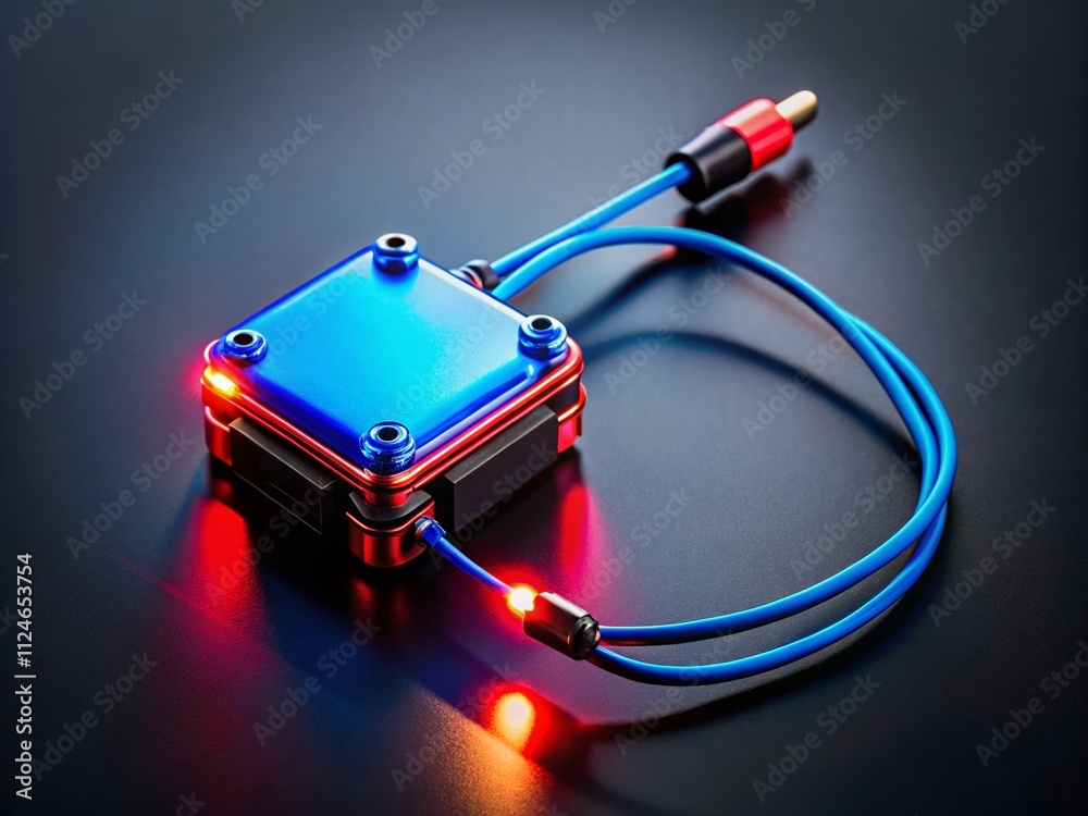 Aerial View of a Small Glowing Device with Red Cables on a Black Background, Capturing Intricacies of Modern Technology and Design in a Stunning Visual Presentation Aerial View of a Small Glowing Device with Red Cables on a Black Background, Capturing Intricacies of Modern Technology and Design in a Stunning Visual Presentation