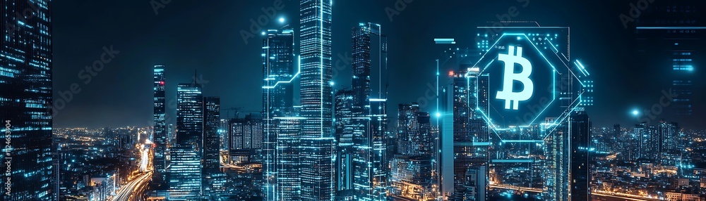Bitcoin Cryptocurrency Over Illuminated Cityscape at Night