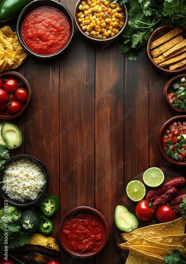 Vibrant Mexican Food Spread on Rustic Wooden Table with Colorful Dishes and Natural Lighting Vibrant Mexican Food Spread on Rustic Wooden Table with Colorful Dishes and Natural Lighting