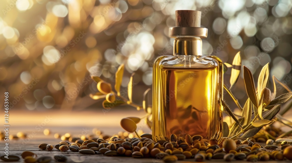 Luxurious Jojoba Oil Bottle with Golden Seeds and Fresh Green Leaves, Featuring Natural and Organic Skincare Benefits. Generative AI Luxurious Jojoba Oil Bottle with Golden Seeds and Fresh Green Leaves, Featuring Natural and Organic Skincare Benefits. Generative AI
