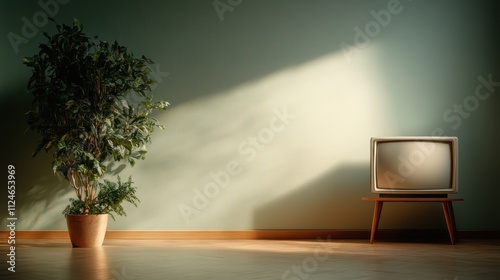 A vintage television stands next to a potted plant in a sunlit room, merging nostalgic mid-century design with the natural beauty of indoor greenery. photo