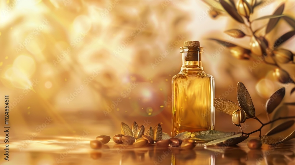 Luxurious Jojoba Oil Bottle with Golden Seeds and Green Leaves, Perfect for Premium Skincare and Hydration Treatments. Generative AI Luxurious Jojoba Oil Bottle with Golden Seeds and Green Leaves, Perfect for Premium Skincare and Hydration Treatments. Generative AI