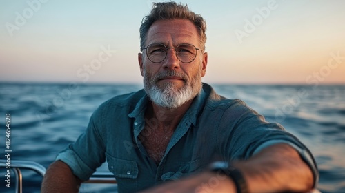 A mature gentleman with glasses sits on a boat, gazing at the ocean during sunset. The setting conveys moments of reflection and tranquility on open waters.