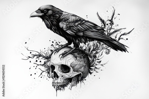 A tattoo sketch of a raven perched on a skull, with dark, intricate feather patterns, space for text.