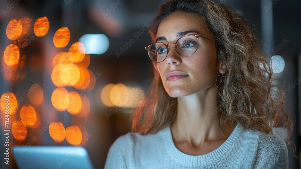 A woman wearing glasses intently looks at her tablet screen, with subtle night lights in the background, capturing a moment of digital engagement. A woman wearing glasses intently looks at her tablet screen, with subtle night lights in the background, capturing a moment of digital engagement.
