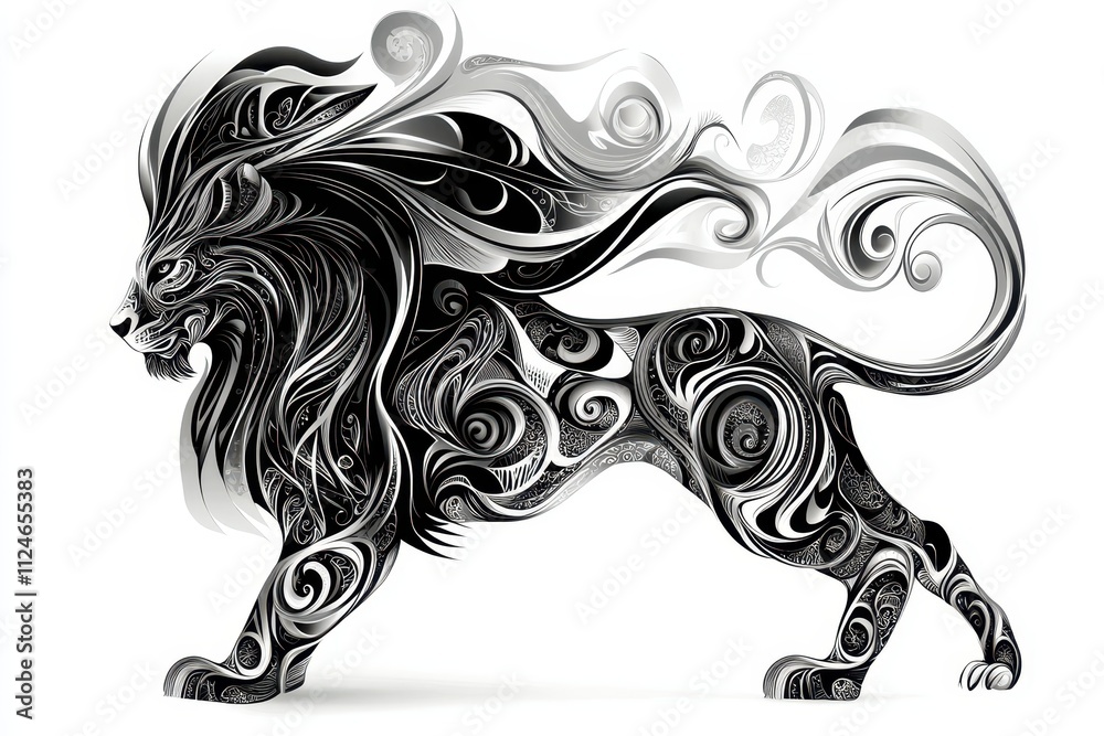 Fototapeta premium A tattoo sketch of a fierce lion with a flowing mane, detailed tribal patterns forming the outline, space for text.