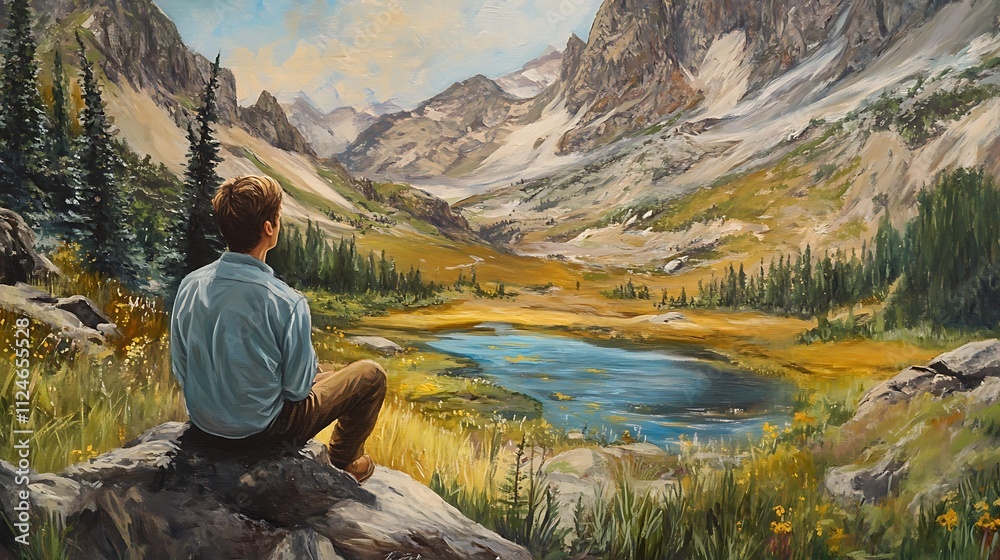 Man Contemplating Majestic Mountain Lake Landscape Man Contemplating Majestic Mountain Lake Landscape