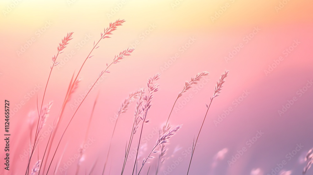 Obraz premium Close up of tall grass in a field with soft pink and yellow tones in the background.