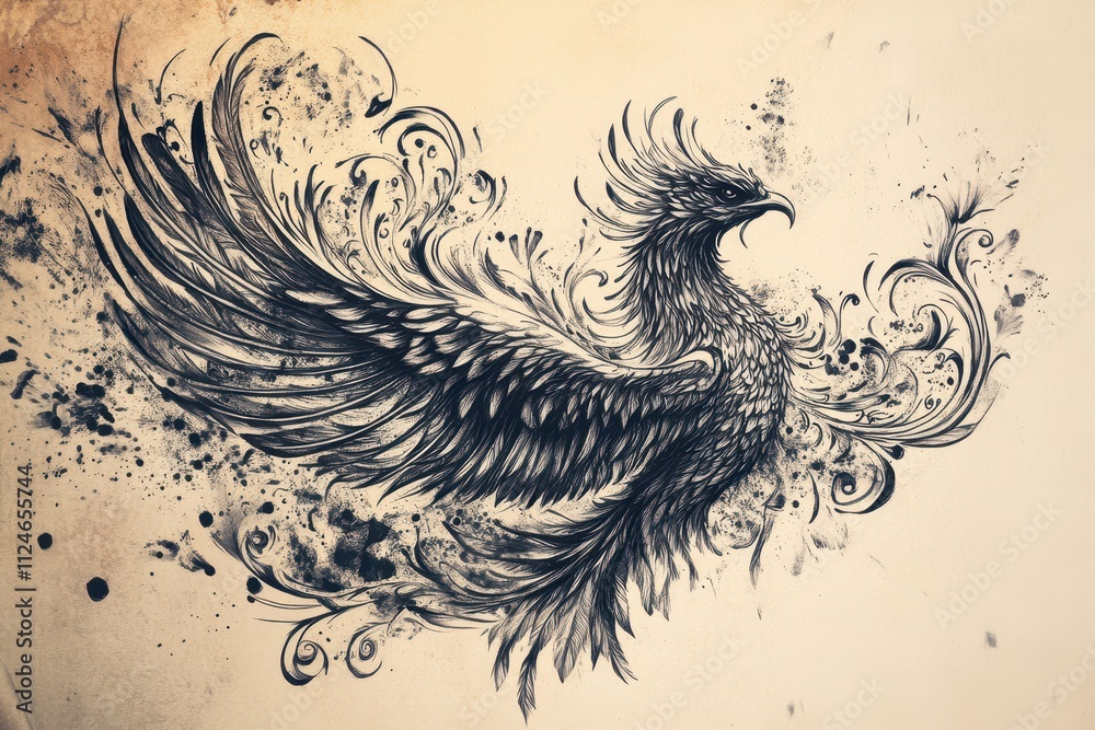Fototapeta premium A tattoo sketch of a phoenix rising from the ashes, with intricate feather details and flames, space for text.
