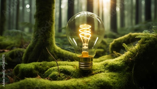 glowing light bulb in a natural forest environment representing renewable energy and eco-friendly innovation photo