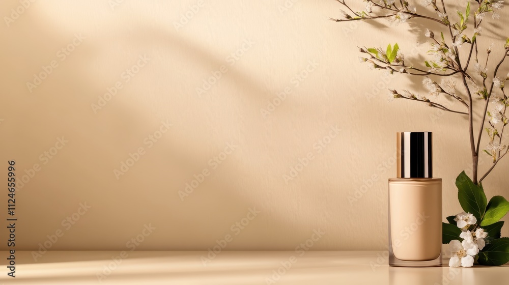 A clean and minimalistic foundation bottle paired with delicate, blooming branches, capturing a serene and fresh aesthetic for beauty photography. A clean and minimalistic foundation bottle paired with delicate, blooming branches, capturing a serene and fresh aesthetic for beauty photography.