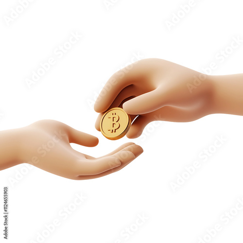 3D Cartoon-Style Icon of Hands Exchanging Digital Currency Coin on Isolated Background