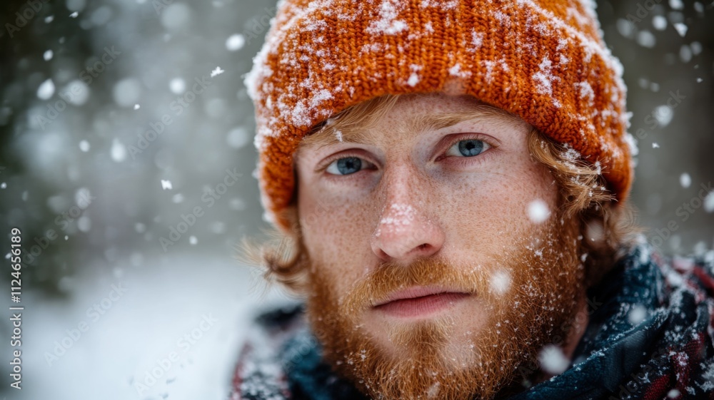 Close-up Portrait of a Red-haired Man in a Snowy Forest